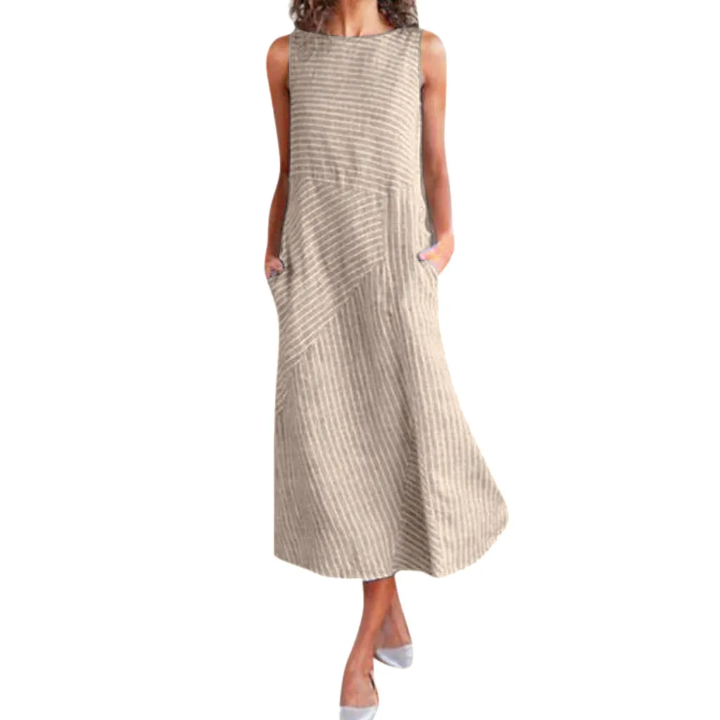 Женское повседневное Полосатое платье без рукавов с вырезом лодочкой и льняным карманом длинное платье - Цвет: KH