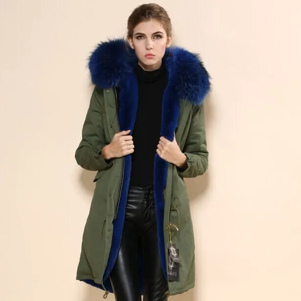 Новое поступление, популярное в Корейском стиле, длинное Фирменное пальто с натуральным изображением зеленого меха - Цвет: Небесно-голубой