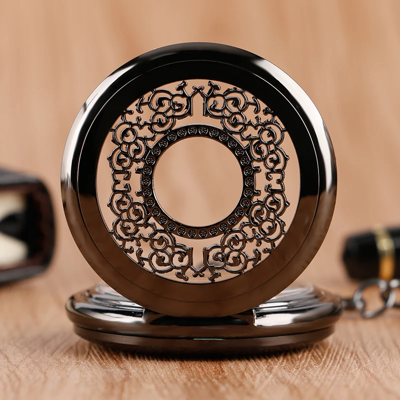 Vintage Luxury Black Metal Mechanical Pocket Watch Smooth Steampunk Hand Winding Clock Set with Gifts Box Bags Leather Pin Chain 2018 (13)