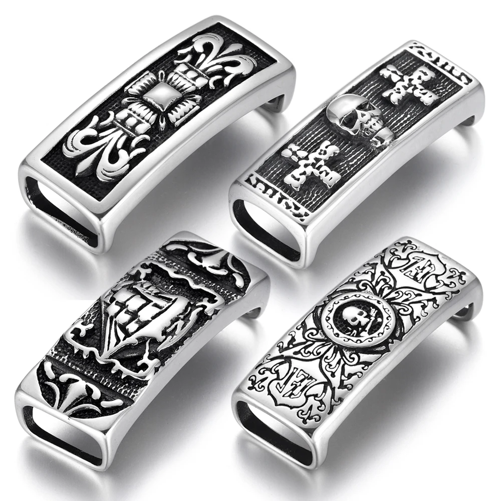 

Stainless Steel Slide Charms Rectangle Skull Cross Patterned Slider Bead Fit 12*6mm Flat Leather DIY Men Jewelry Making Supplies