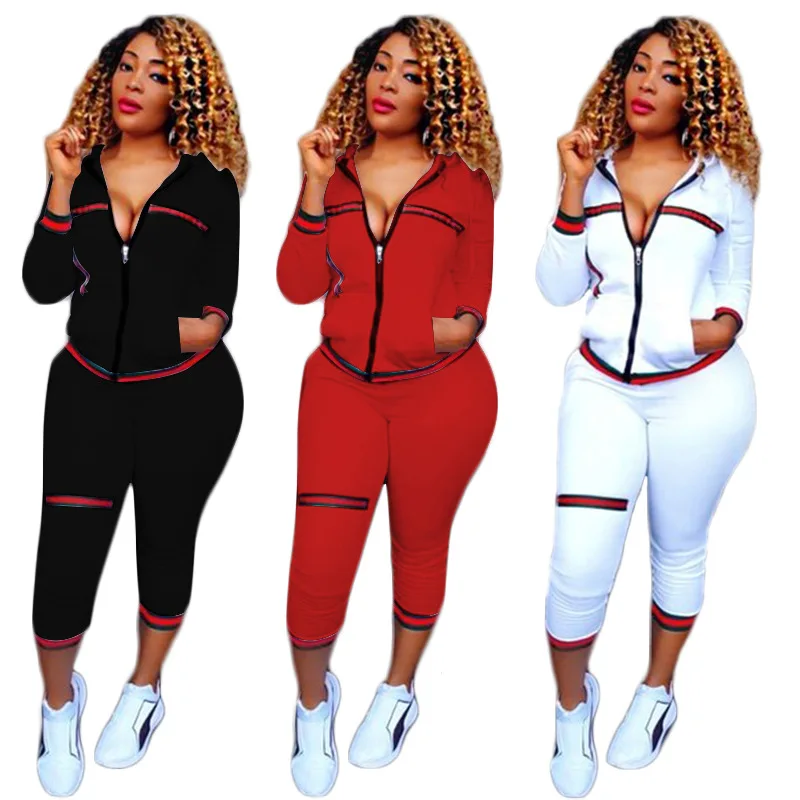 piping hooded long sleeve zipper jacket pants two piece