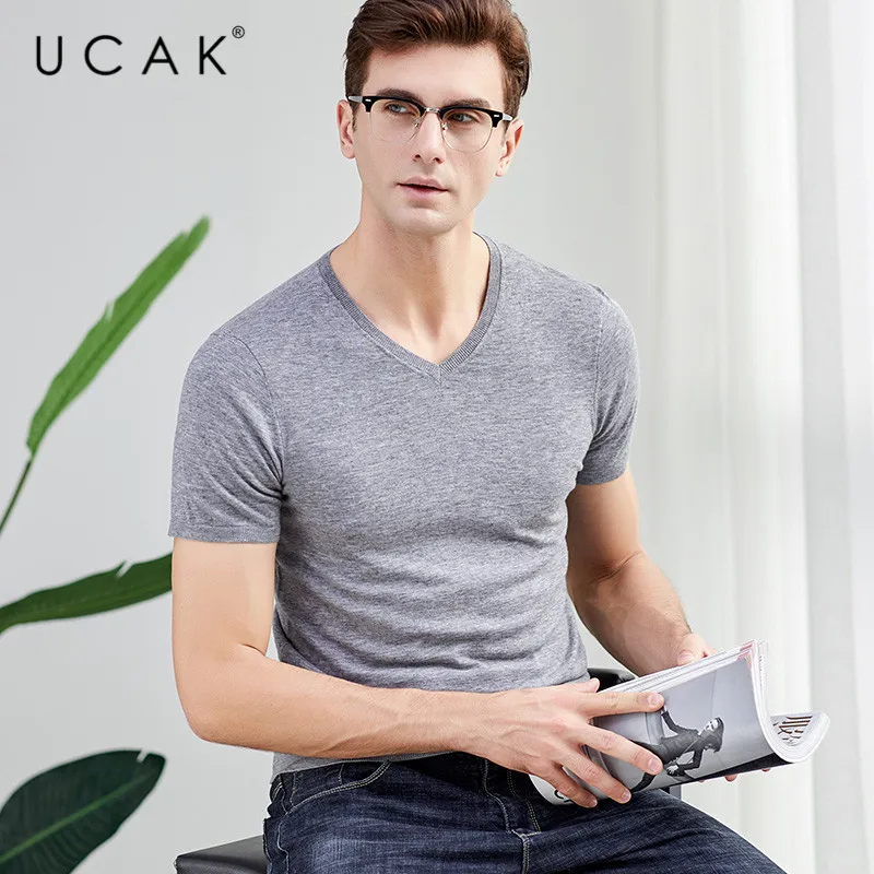 UCAK Brand Sweater Men Casual Short Sleeve V-Neck Pull Homme Pure Merino Wool Pullover Men Autumn Winter Cashmere Sweaters U3001