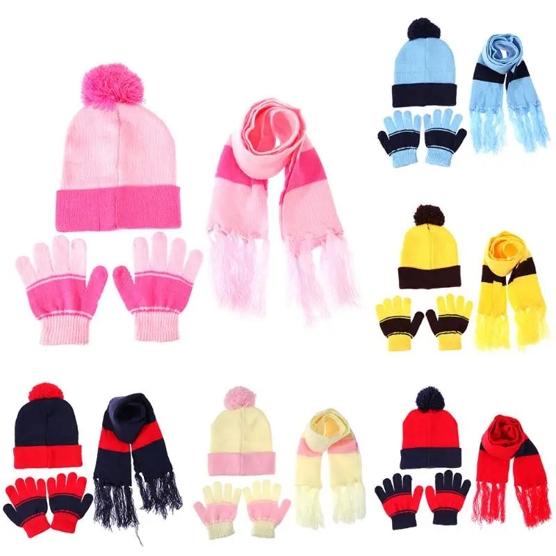 Комплект из 3 предметов, зимняя шапка, шарф, перчатки, теплые осенние детские вязанные трикотажные шапочки, модная шапка для маленьких мальчиков и девочек, Симпатичные шляпы для детей
