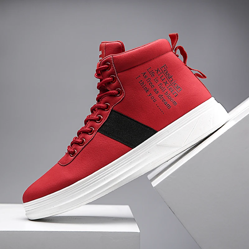 

Hot Sale Pu Leather Shoes For Male Fashion High Top Casual Shoe Rubber Sole Man Flats Sneakers Gray Black Designer Mens Sneakers