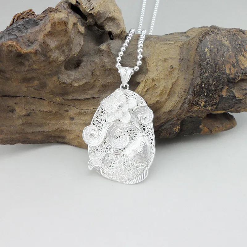 

Ethnic Vintage Boho Jewelry Hollow Out Carving Flower Pendant Necklace Women 999 Sterling Silver Handmade Luxury Big Pendants