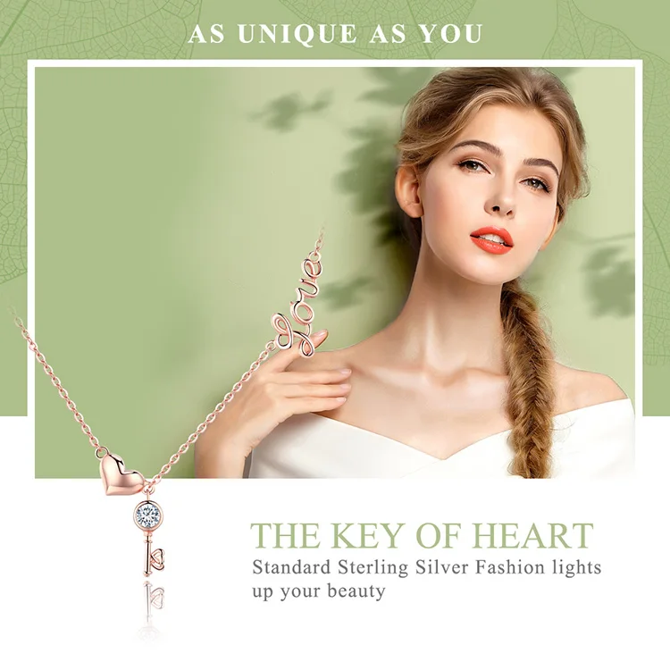 BAMOER романтическое 925 пробы Серебряное ожерелье с подвеской в виде ключа к сердцу женское золотое ожерелье ювелирные изделия из стерлингового серебра SCN292