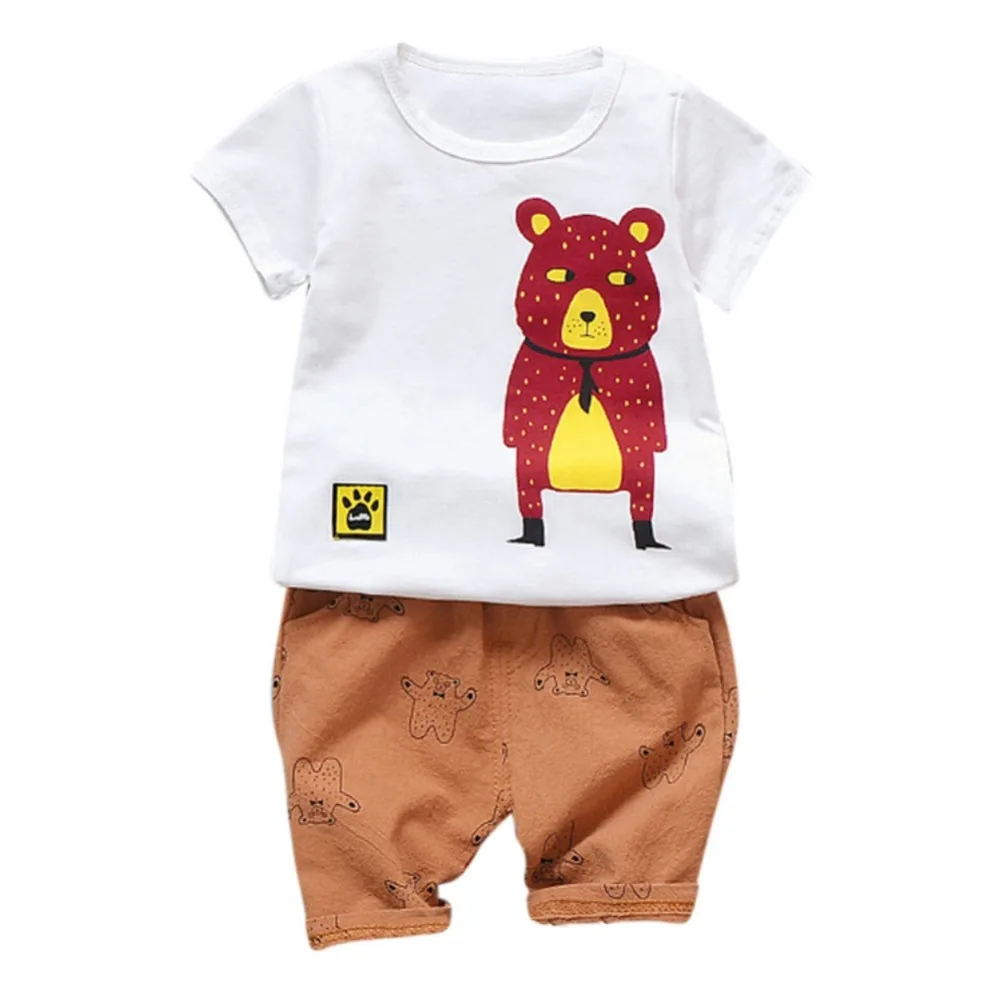 

Summer Baby Boys Short Sleeve Cartoon Bear Print Tops T-shirts+Shorts Casual Outfits Sets