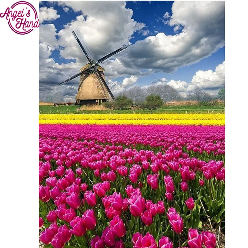 

full square drill diamond embroidery Tulips and windmills 5d diy diamond painting Cross Stitch Rhinestone mosaic decor