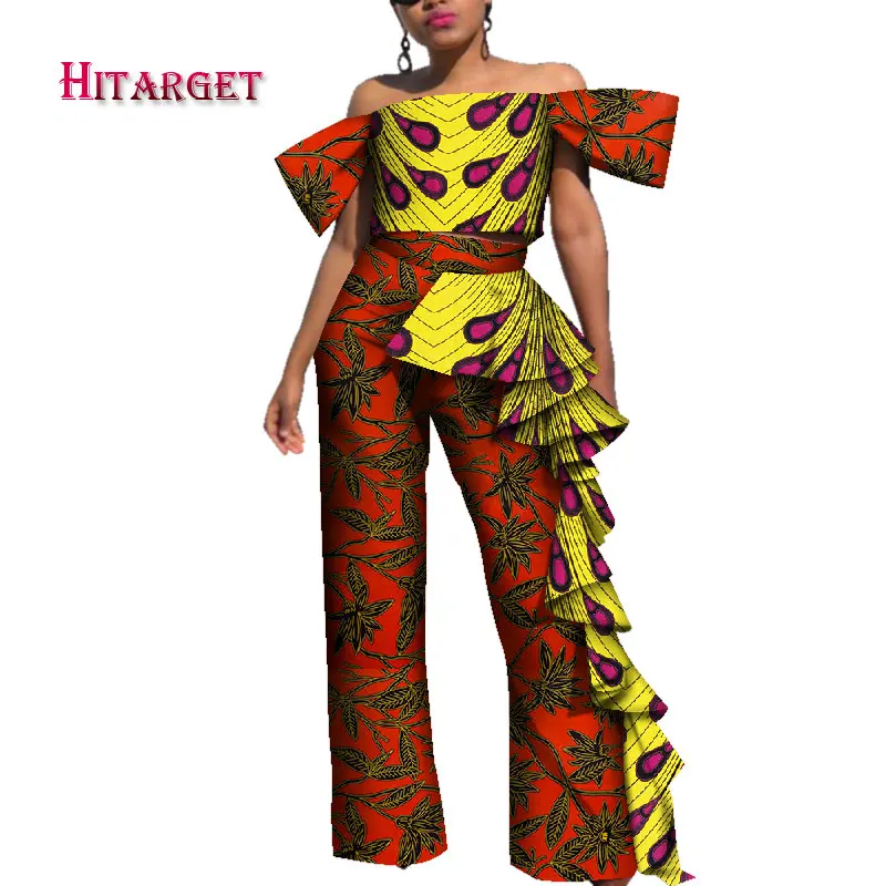 Африканская одежда Топ и широкие брюки африканские женские комплекты из 2 предметов со штанами Базен риче Африканский принт жемчужная рубашка и брюки WY4061