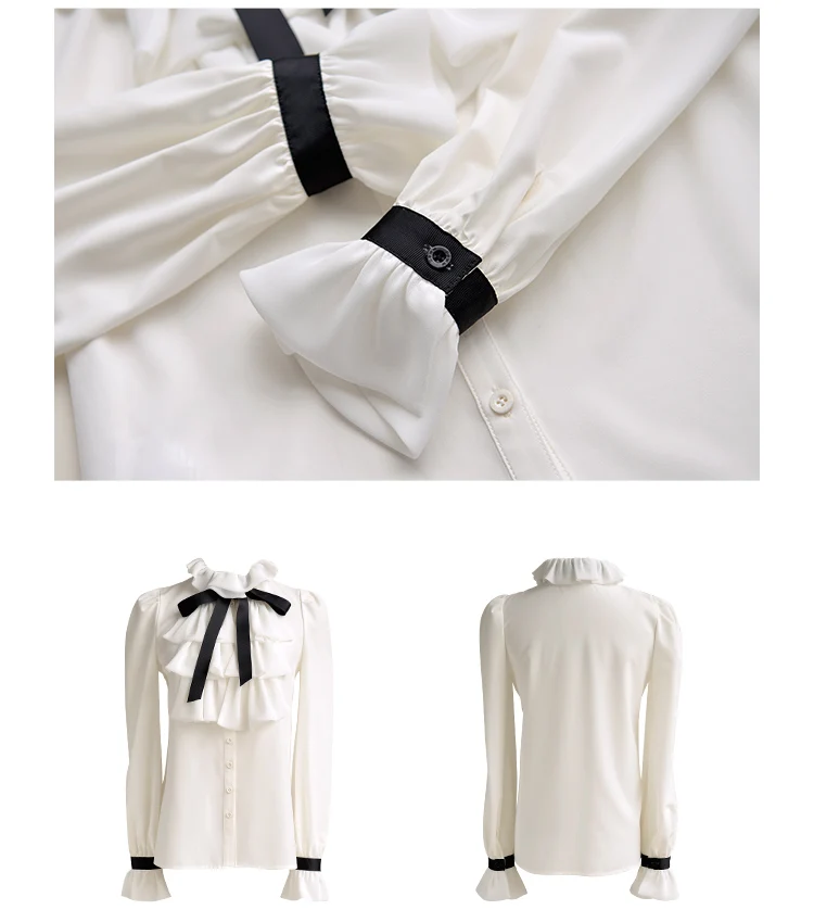 Dabuwawa Autumn Winter White Blouse Women New Ruffles Bow Tie Shirts Long Puff Sleeve office lady Elegant Blouse Top