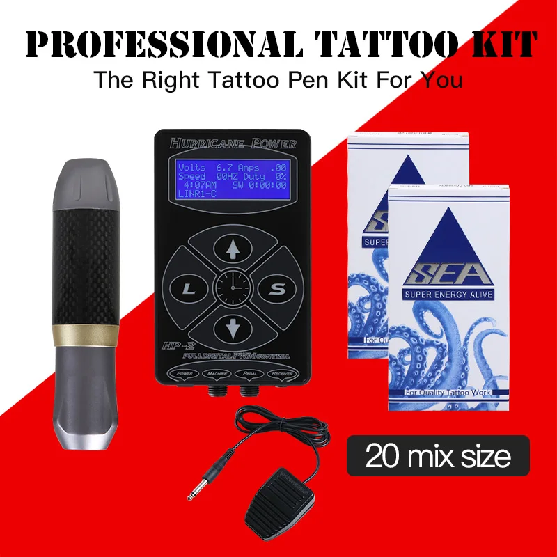 

Professional Tattoo Kit Rotary Machine Gun Set Power Supply Black Pigment Needles Grip Tip Set With Carrier Box