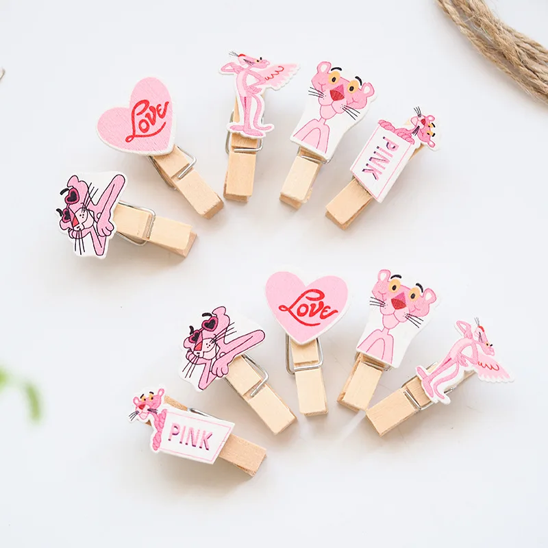 

10 pcs/pack Pink Leopard Wooden Clip Photo Paper Craft DIY Clips Binder With Hemp Rope