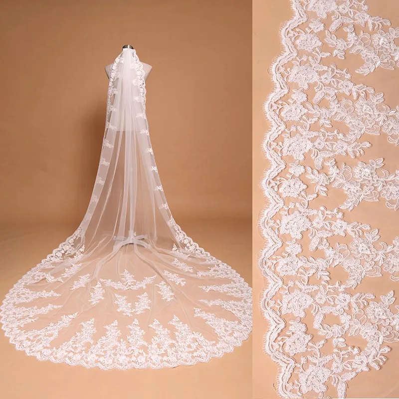 

3 Meter White Ivory Cathedral Wedding Veils Long Lace Edge Bridal Veil with Comb Wedding Accessories Bride Mantilla Wedding Veil