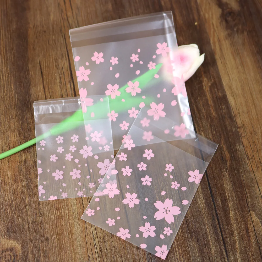 

100pcs Multi-size Light Pink Cherry Blossom Self-adhesive Frosted Cellophane Bag Self Seal Party Packaging Plastic Bags