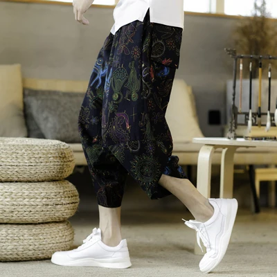 Летние повседневные штаны в китайском этническом стиле с цветочным принтом, большие размеры, свободные мужские модные штаны, 11 цветов, M-5XL - Цвет: 9