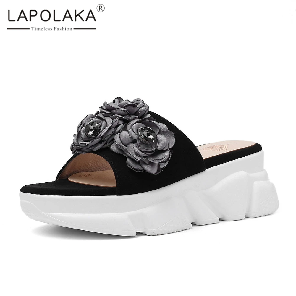 

Lapolaka Brand New Big Size 33-40 Ladies High Heels Platform Kid Suede Flower Shoes Woman Casual Outside Summer Slippers