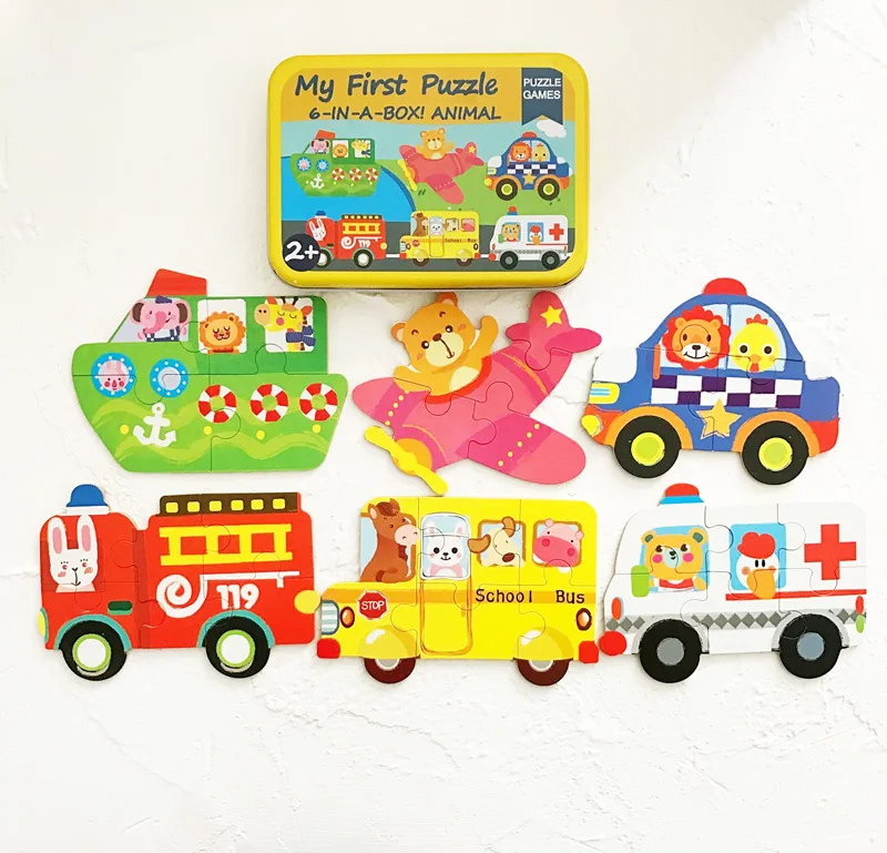 6 шт. детские большие первые деревянные головоломки с железной коробкой Мультяшные животные автомобиль головоломка для детей раннего обучения игрушки 2 лет