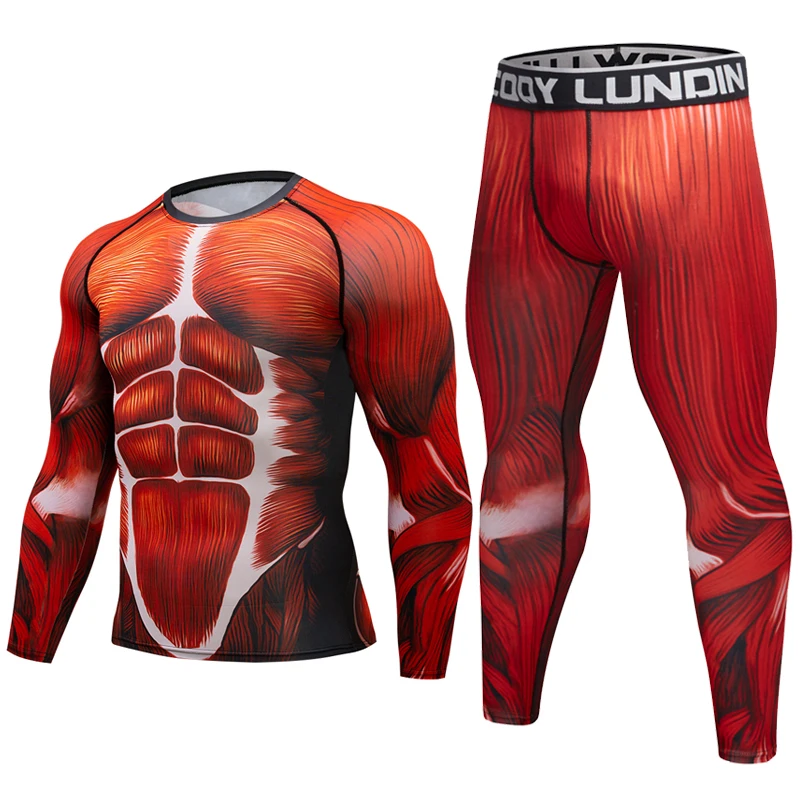 Брендовый мужской спортивный костюм с 3D-принтом, облегающий спортивный костюм для мужчин, для бега MMA, бодибилдинга, топ для фитнеса, спортивный комплект