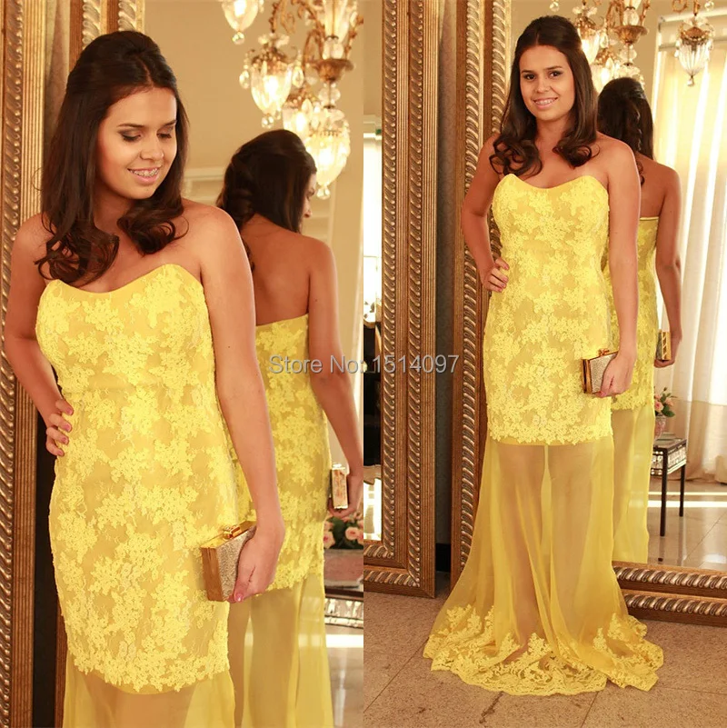Hot Best Selling 2014 Free Shipping Amazing Fashionable Sheath Full Length Yellow Lace Evening Dresses | Свадьбы и торжества