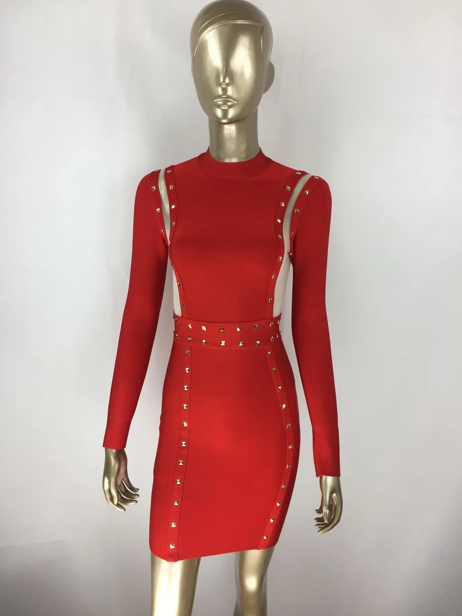 Women Fashion Sexy Mesh Rivet Red Rayon Bodycon Bandage Dress Elegant