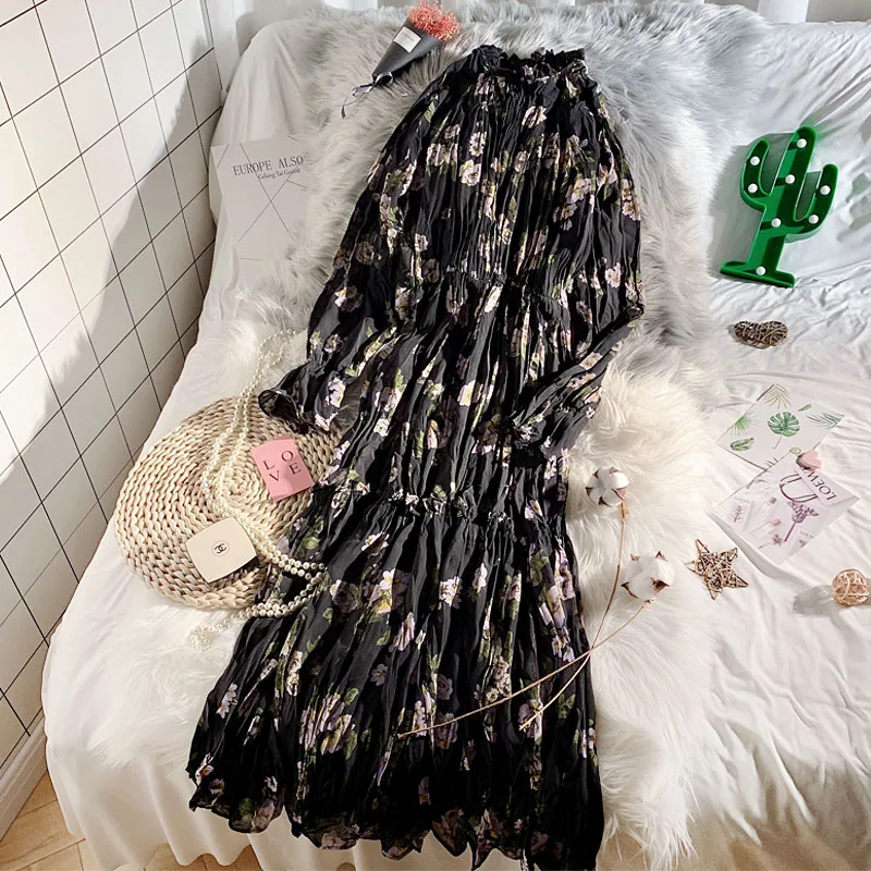 

Ultra Long Slim Waist Chiffon Dress Female O Neck Vintage Long Sleeve Floral Dress New Spring Autumn Casual Wommen Dress