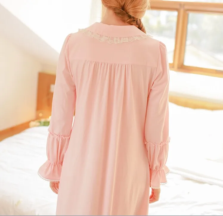 Новинка, осенняя Женская длинная бежевая и розовая винтажная Пижама, домашняя одежда, кружевное белье, ночная рубашка из хлопка