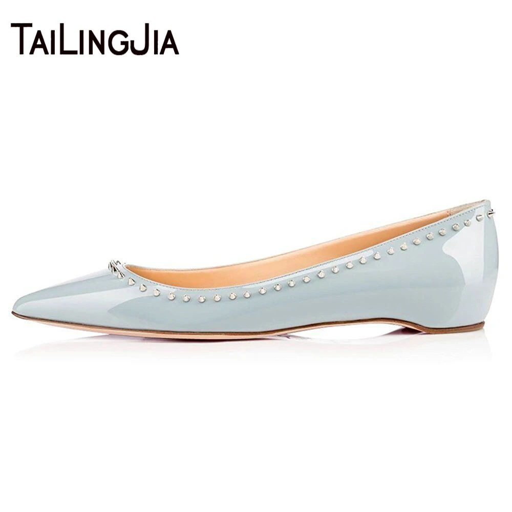 

New Style Woman Shoes Light Bule Fresh Pointed Toe Slip On Flat Shoes With Many Studs Comfortable Ladies Flat Shoe Free Shipping