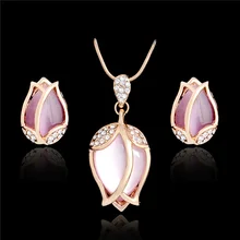 SHUANGR Bridal Jewelry Sets Parure Bijoux Femme Pink Natural Stone Opal Tulip Flowers Jewelry Wedding Jewelry Sets 2016