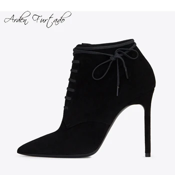 

Fashion black women's shoes winter 2019 stilettos heels pointed toe cross tied cross tied ladies boots short boots big size new