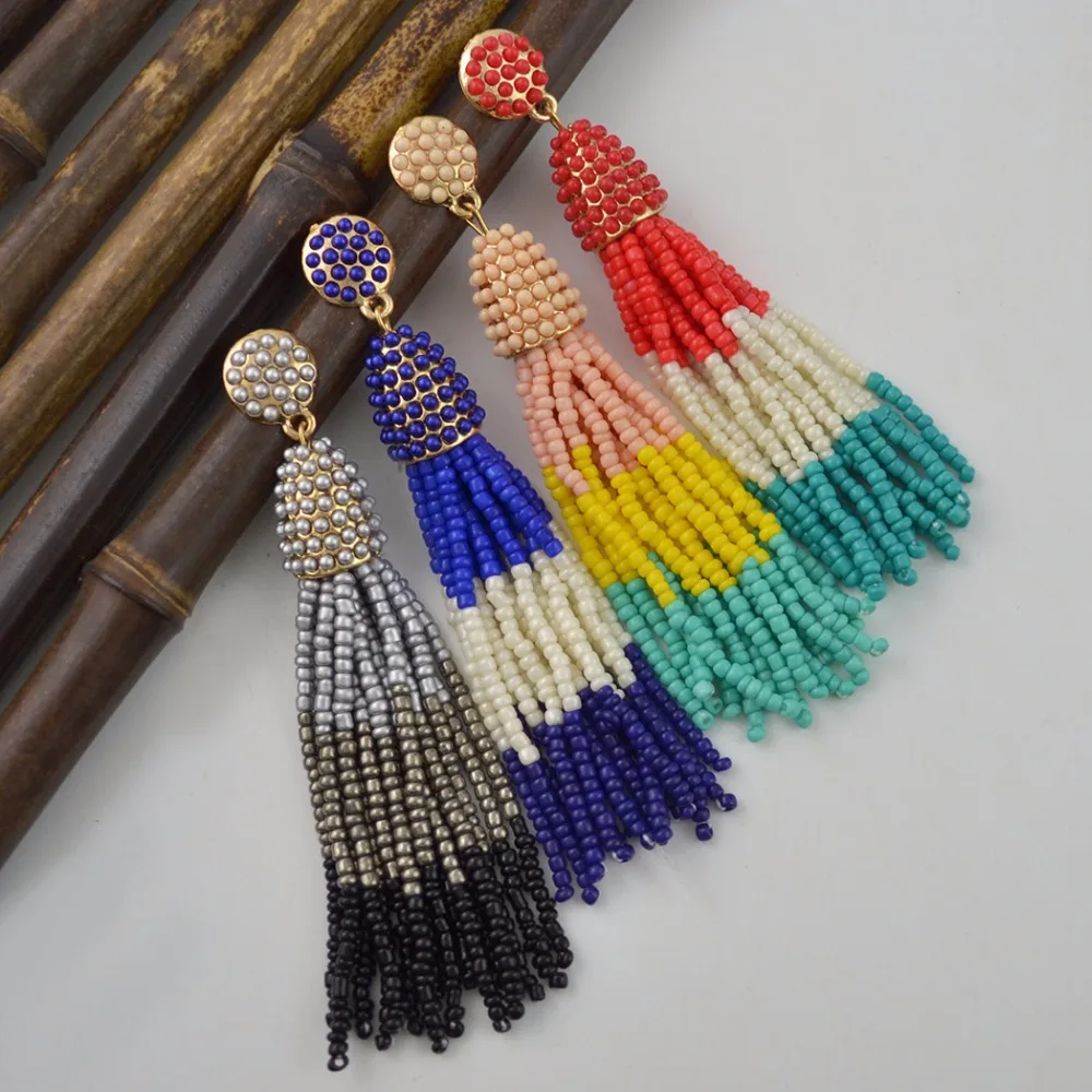 Download Vintage Colorful Resin Beaded Tassel Earrings Dangle Statement Long Seed Bead Glass Drop Earring ...