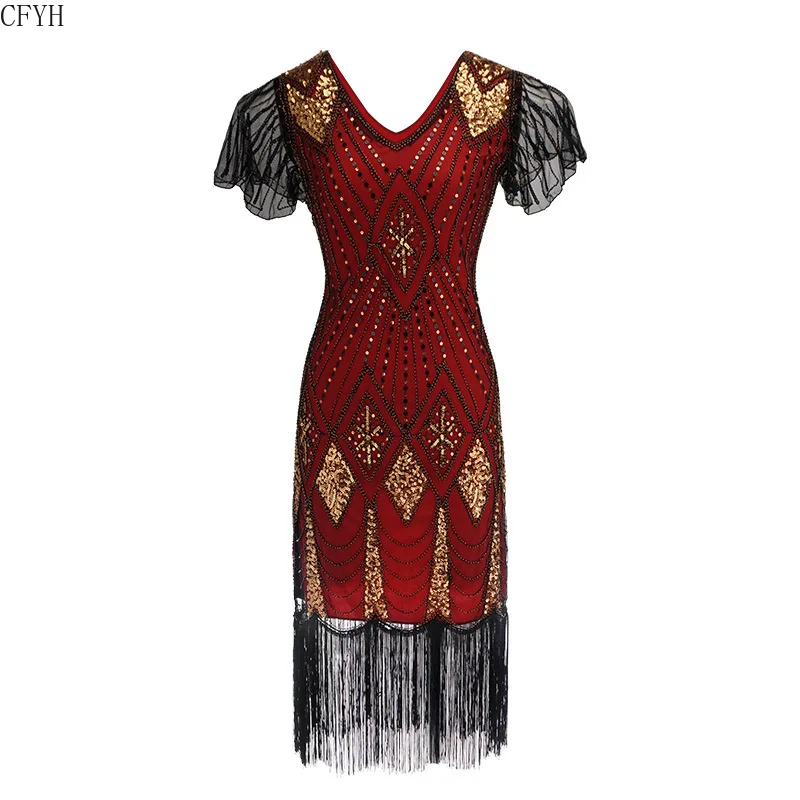 

Size S-XXXL Gatsby Dress Tassels Party Dress Women 1920s Gatsby Vintage Vestidos Female Shiny Dresses V-Neck Long Sequined Dress