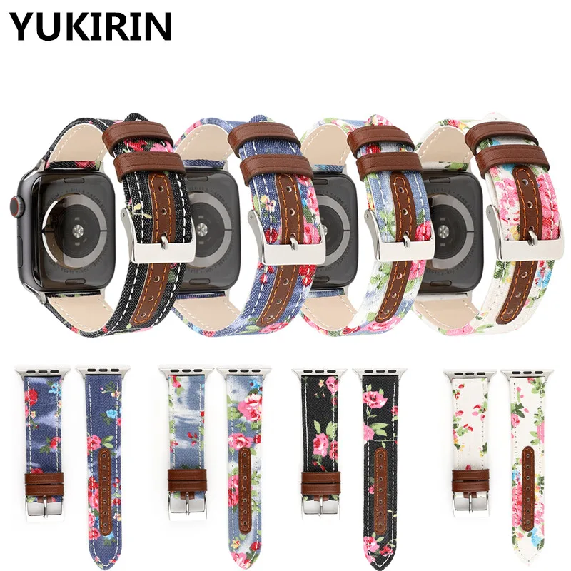 

YUKIRIN Flower Wrist Belt Canvas Leather Band for Apple Watch Series 4 3 2 1 Strap for iWatch 38 42mm 40 44mm Wriststrap