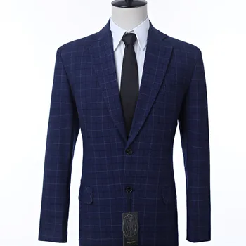 

Dark blue plaid groom jacket two button buttons notch lapel suit jacket formal dance dinner men's jacket