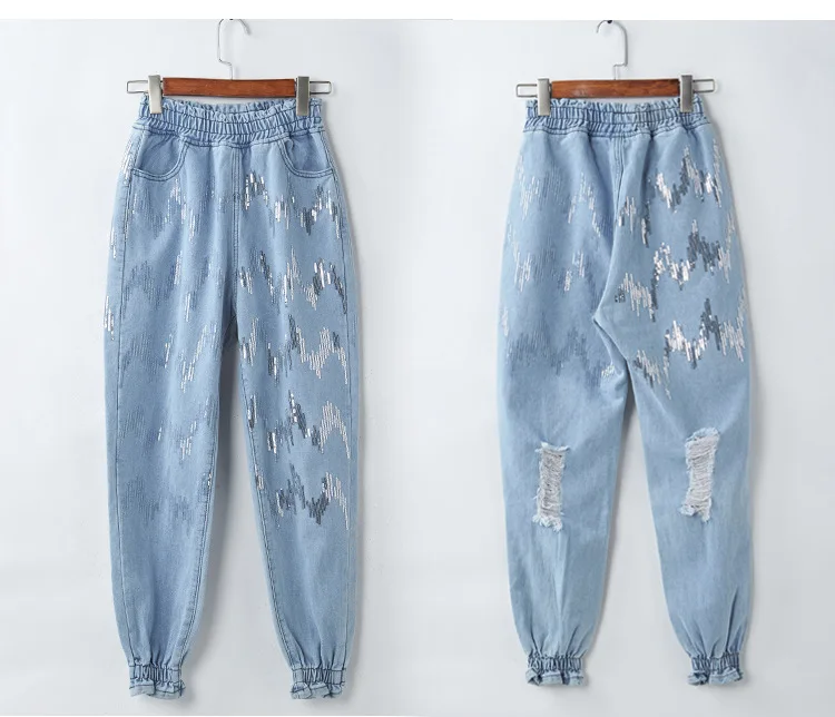Новинка, корейские женские штаны-шаровары с блестками,, модные синие джинсы с эластичной талией, женские повседневные рваные джинсы с высокой талией, женские джинсовые брюки