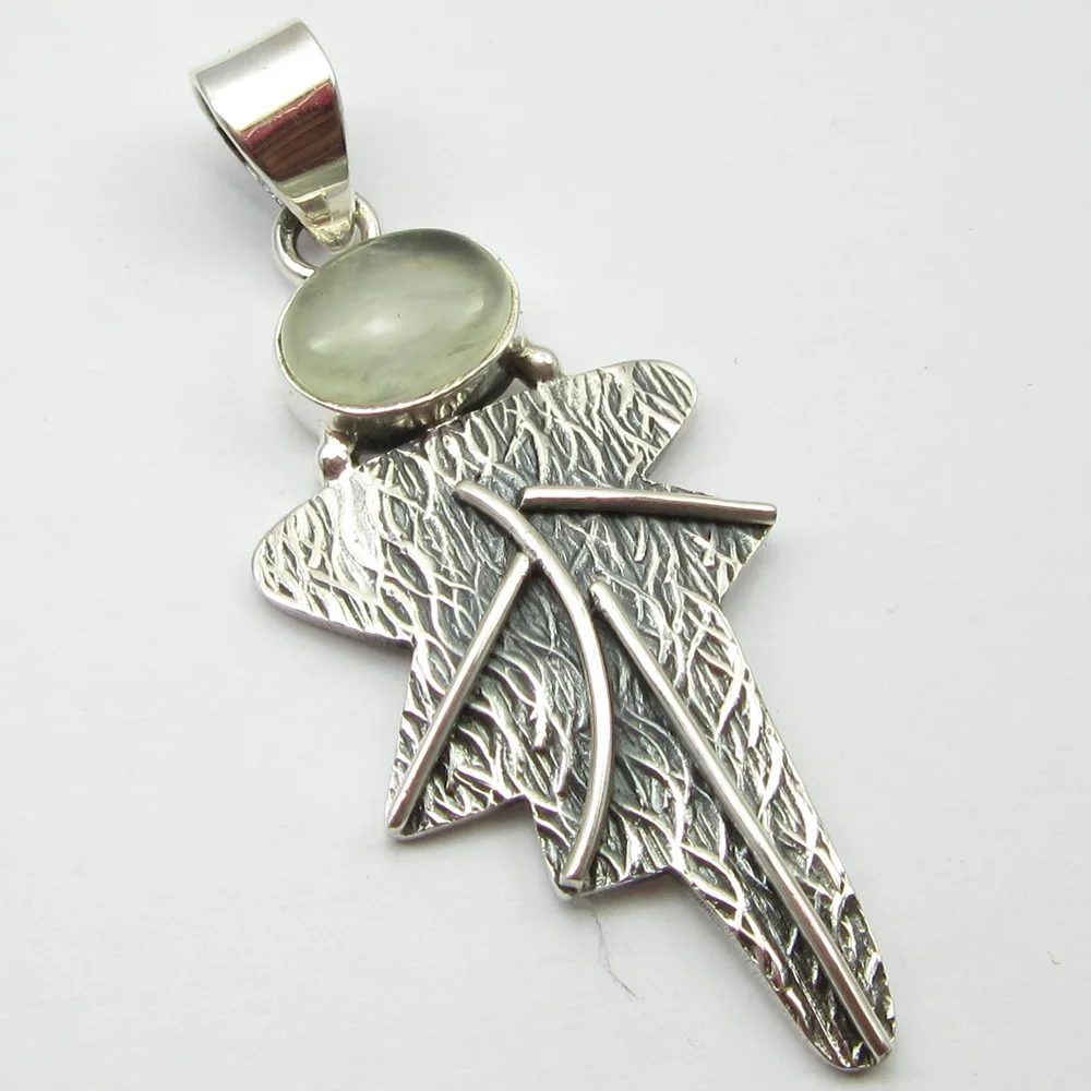 

STAMPED Silver Prehnites Handcrafted Pendant 1.7" ! Gift For Mother