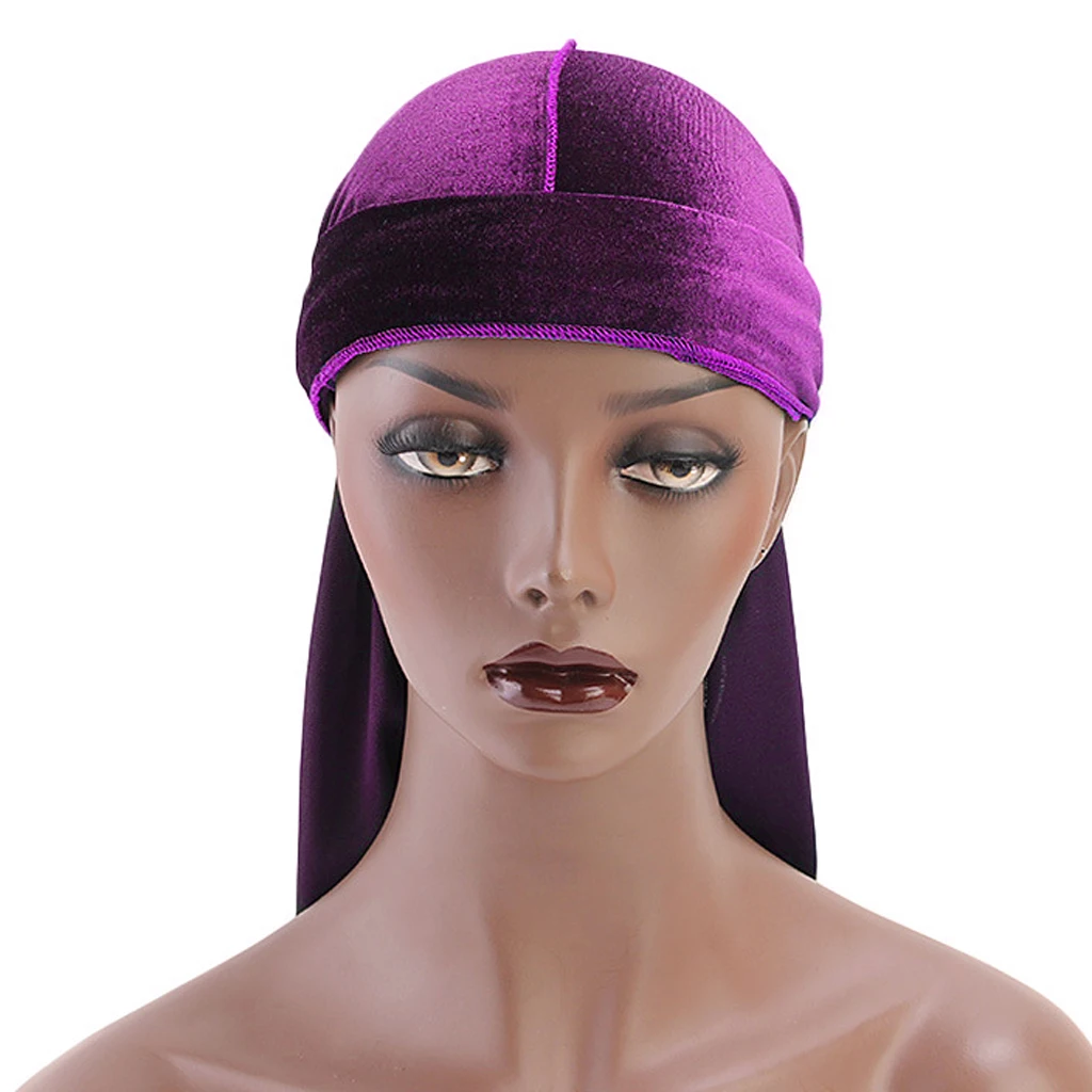 Women Men Long Tail Plain Velvet Bandana Turban Hat Durag Headwear Pirate Cap Head Wraps