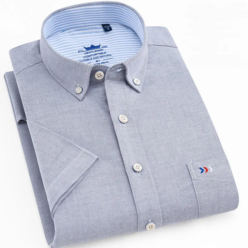 الصيف جديد جيد جودة القطن الخالص قصيرة الأكمام زر طوق مخطط منقوشة الصلبة الذكية الأعمال الرجال عارضة قمصان الجبهة جيب