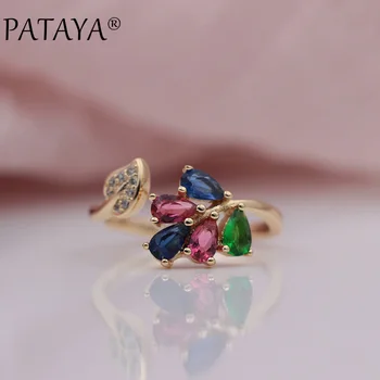 

PATAYA New 585 Rose Gold Multicolor Water Drop Natural Zircon Up Open Rings Women Wedding Party Leaf Fine Trendy Cute Jewelry