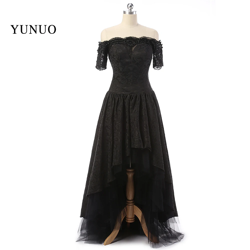 

2019 Black Prom Dresses Front Short Long Back Asymmeetrical Kaftan Long Dubai Dres Elegant vestidos de festa Real Custom x12233