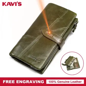 

KAVIS Free Engraved Name Genuine Leather Women Wallet Purse Coin Female Portomonee Walet Lady Long Handy Money Card Holder