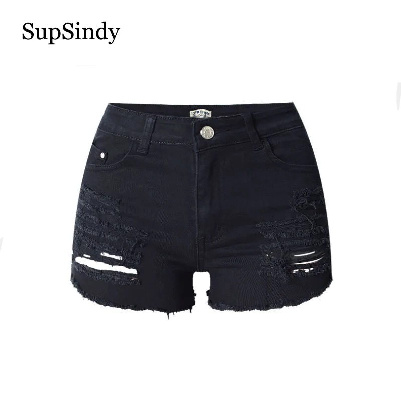 Женские джинсовые шорты SupSindy черные хлопковые Стрейчевые рваные с высокой