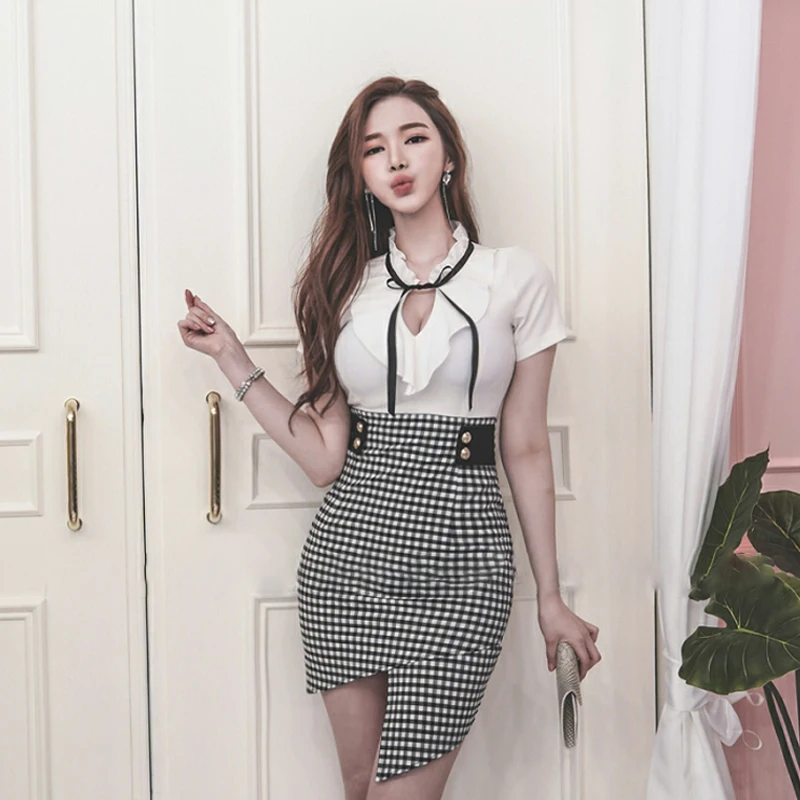 

CINESSD Bag Hip Shirt Dress 2019 Women Summer V-neck Lace Grid Short Sleeve Sexy Slim Party Bodycon Asymmetry Dress Vestidos