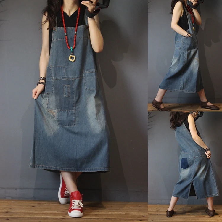 

Spring Autumn Women Casual All-match Loose Plus Size Vintage Pockets Patchwork Denim Spaghetti Strap A-line Dresses
