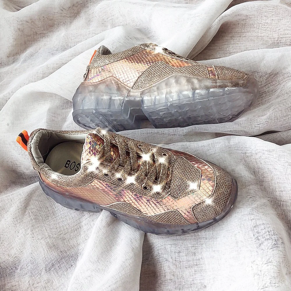 

BomKinta Bling Sequins Shoes Woman Jelly Bottom Sneakers Women Fashion Rhinestone Female Trainers Thick Sole Sneakers Lace Up