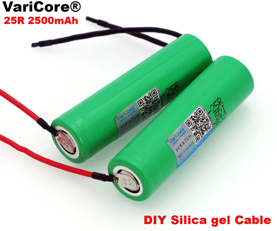 2 Pz/Lotto Varicore Nuovo 18650 2500 Mah Batteria Ricaricabile 3.6 V Inr18650-25R 20A Di Scarico + Fai Da Te Gel Di Silice Cavo