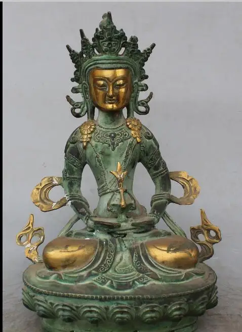 

12" Old Tibetan Buddhism Temple Bronze Gilt Amitayus longevity God Buddha Statue
