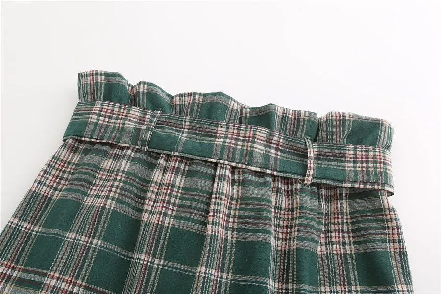 Gladiolus Harajuku Women Plaid Skirt Belt Tunic Button Decoration Green Empire Short Skirt 2019 Summer Mini Casual Skirts Womens (15)