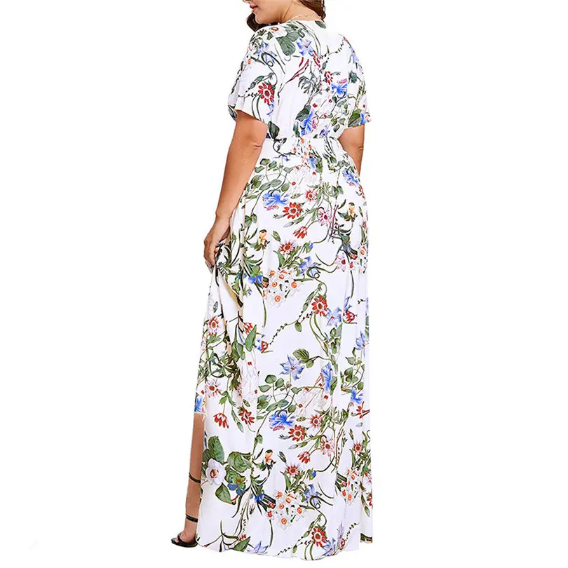 New Women Summer Plus Size V-neck Casual Bohemian Off-Shoulder Ruffled Banded Long Dress Elegant Beach Dress vestidos #4A26 (7)