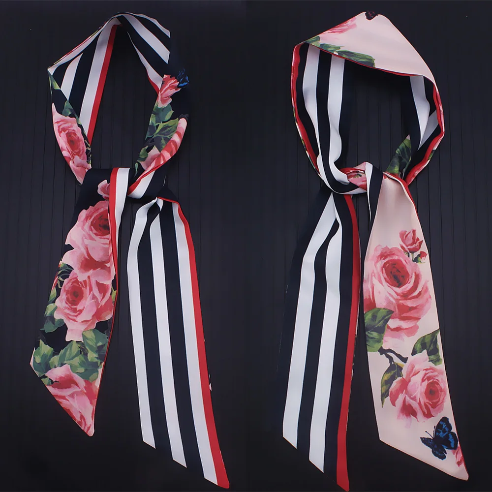 

110*7cm New Rose Flowers Plant Stripe Two-sided Silk Lady Riband Scarves Bag Scarf Small Ribbon Hair Band Bandeau Clothing Match