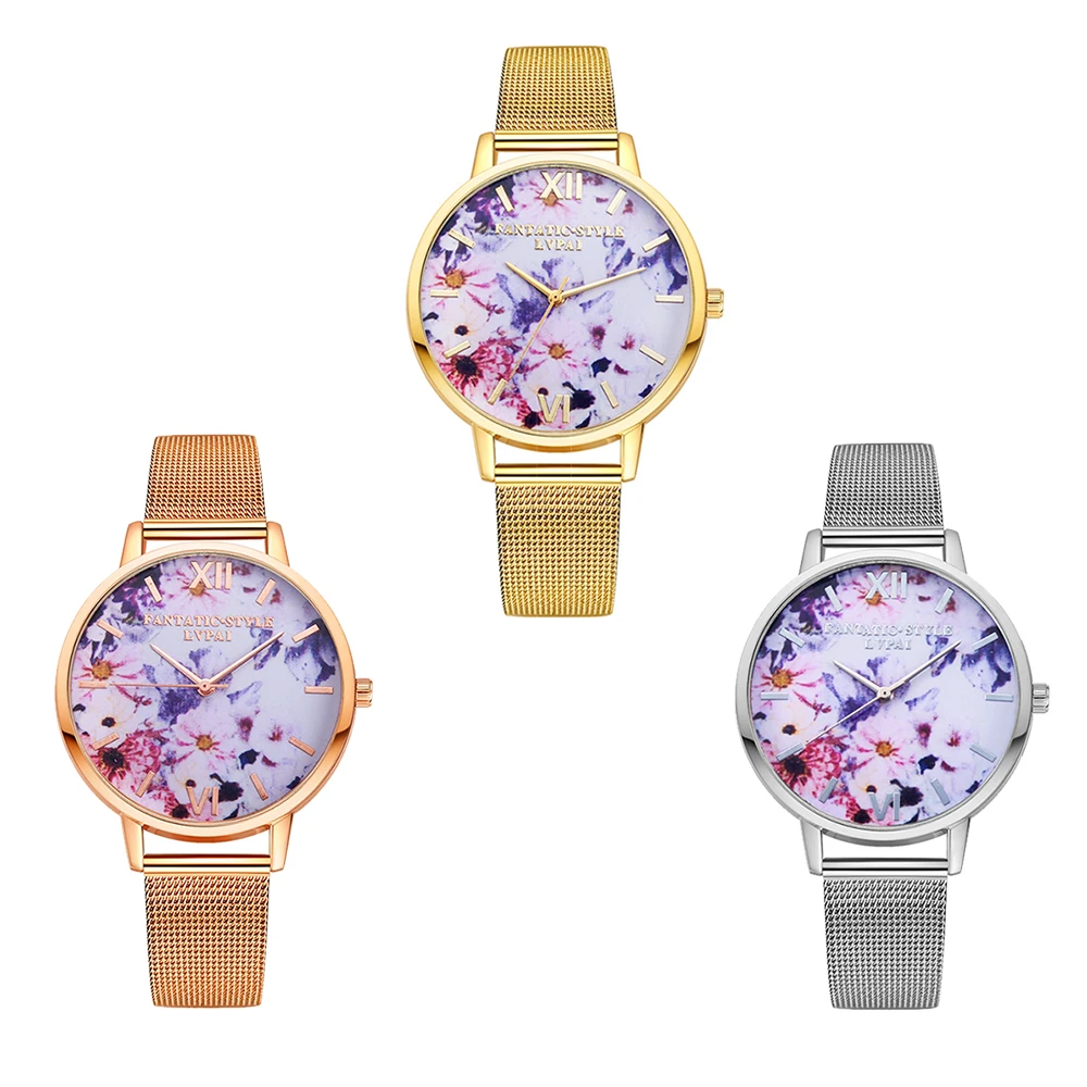 

2019 Fashion Flower Dial Watch Simple Women Stainless Steel Analog Quartz Wrist Watch Geneva Female Watch